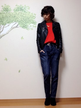 「UNIQLO（ユニクロ）のアイテム（ニット/セーター、オレンジ系）」を使った、sakikikikoさん（レディース・171cm）の冬コーディネート