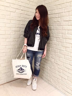 「Tシャツ×デニム」｜「アイテム（ブルゾン）」を使った、SUZUKIさん（レディース・150cm）の夏コーディネート