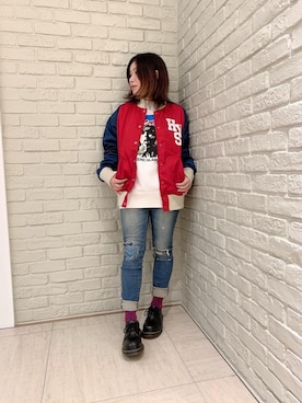 スタジャン レッド 赤色系 コーディネート Zozotown