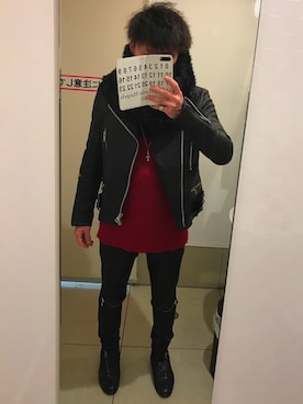 「トイレから失礼しやす」｜「アイテム（ライダースジャケット）」を使った、Takuma Kobayashiさん（メンズ・165cm）の冬コーディネート