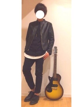 「ノーカラーシャツ」｜「アイテム（ライダースジャケット）」を使った、yu(ゆー)さん（メンズ・175cm）の冬コーディネート