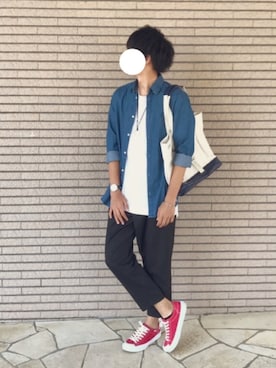 「WEGO（ウィゴー）のWEGO/キャンバスコンビトートバッグ（トートバッグ）」を使った、yu(ゆー)さん（メンズ・175cm）の春コーディネート