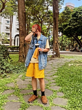 「アイテム（カーゴパンツ、イエロー系）」を使った、Tedさん（メンズ・174cm）の春コーディネート