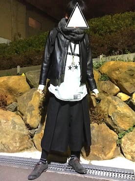 「袴パンツ」｜「アイテム（ライダースジャケット）」を使った、[kita]さん（メンズ・181cm）の冬コーディネート