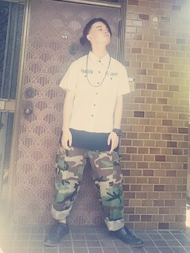 「HOUSTON（ヒューストン）のアイテム（シャツ/ブラウス、ホワイト系）」を使った、RIKUSONさん（メンズ・165cm）の夏コーディネート