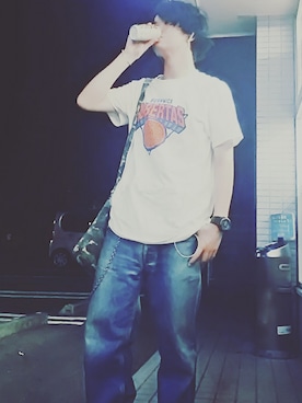 「CIAOPANIC（チャオパニック）の【Roberta's Pizza】ロベルタス ピッツァ/バスケットボールＴシャツ（Tシャツ/カットソー、ホワイト系）」を使った、RIKUSONさん（メンズ・165cm）の夏コーディネート