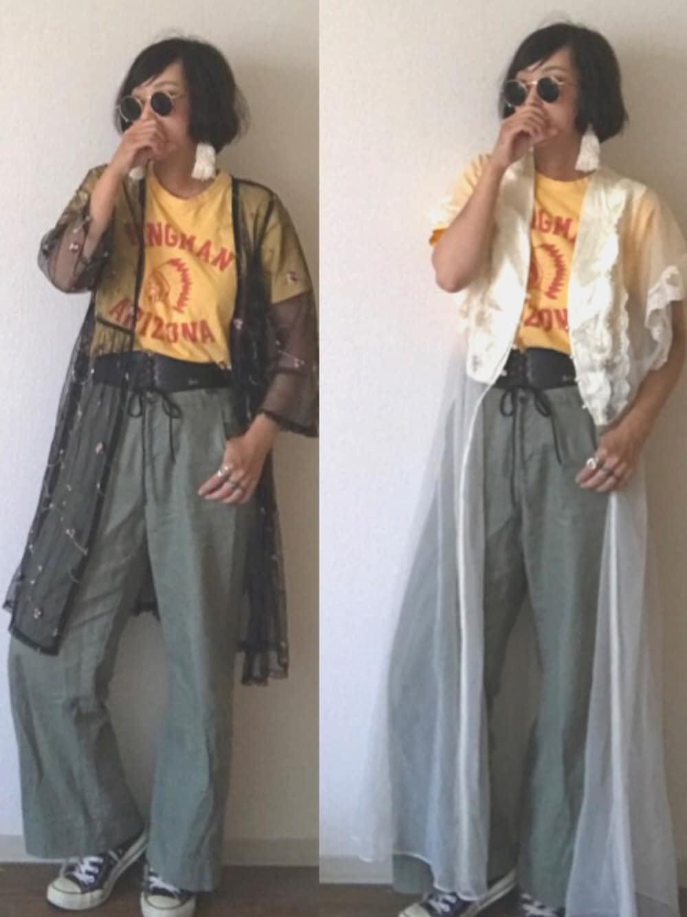 「夏、スニーカーコーデ、Tシャツ、ガウン、アメカジ、ワイドパンツ、コルセット、古着、イエロー、カーキ」｜「usedのアイテム（イヤリング、ホワイト系）」を使った、yukinoさん（レディース・164cm）の春コーディネートの1枚目の写真