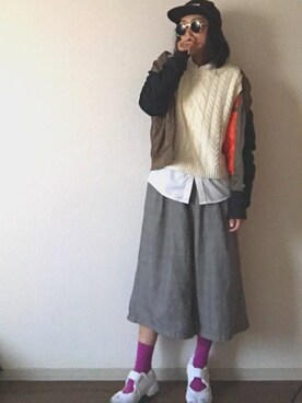 「グレンチェック」｜「アイテム（MA-1）」を使った、yukinoさん（レディース・164cm）の冬コーディネート