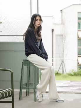 「リブニットパンツ」｜「アイテム（パンツ）」を使った、UNE MANSIONさん（レディース・159cm）の秋コーディネート