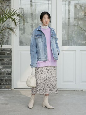 「韓国好きな人と繋がりたい」｜「アイテム（デニムジャケット）」を使った、UNE MANSIONさん（レディース・159cm）の冬コーディネート