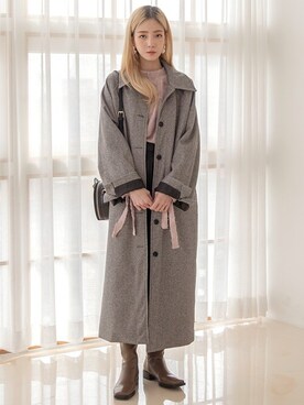 「韓国コーデ」｜「アイテム（ステンカラーコート）」を使った、UNE MANSIONさん（レディース・159cm）の冬コーディネート