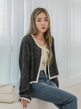 「韓国」｜「アイテム（ノーカラージャケット）」を使った、UNE MANSIONさん（レディース・159cm）の春コーディネート