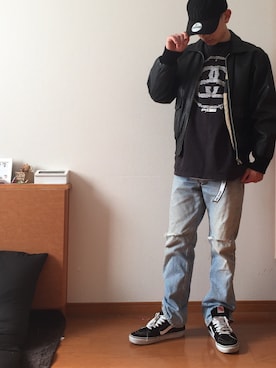 「stussy」｜「アイテム（ライダースジャケット）」を使った、オヤマリオさん（メンズ・166cm）の春コーディネート