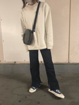 「ブルー x ホワイト」｜「アイテム（スウェット）」を使った、gagaaaさん（レディース・154cm）の春コーディネート