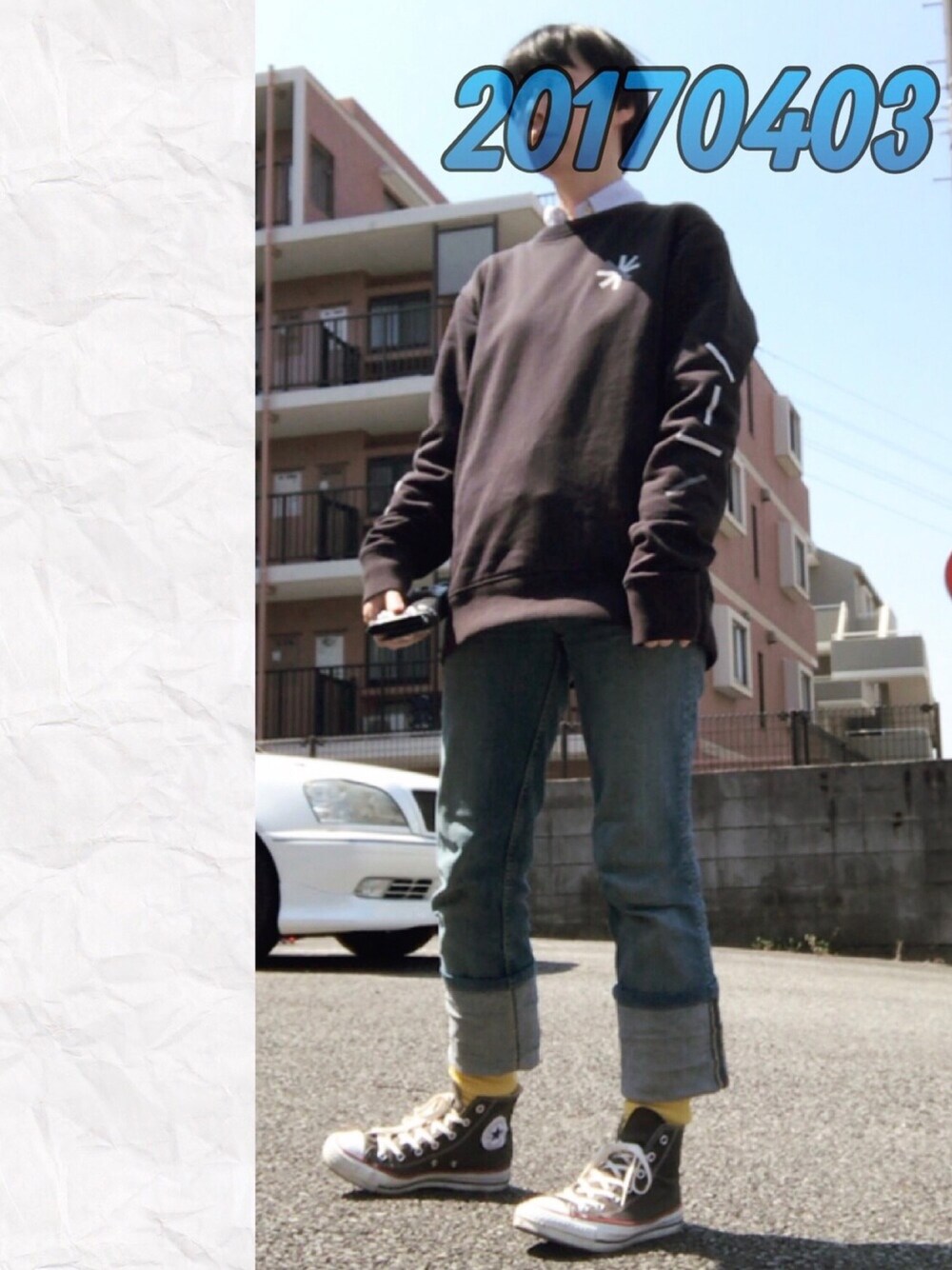 「春コーデ、カジュアルコーデ、ボーイッシュ、ブラック、萌え袖」｜「Saturdays NYCのBowery Slash Spiral Sweatshirt（スウェット、ブラック系）」を使った、brikoさん（レディース・161cm）の春コーディネートの1枚目の写真