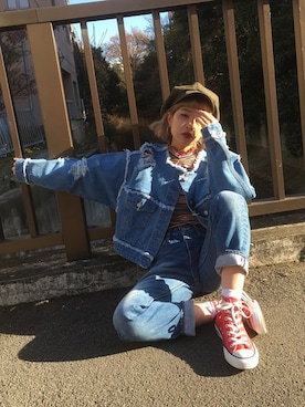 「ノーカラー」｜「アイテム（デニムジャケット）」を使った、jouetieさん（レディース・155cm）の冬コーディネート