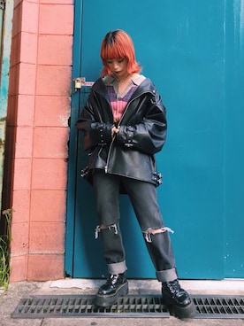 「jouetie（ジュエティ）のアイテム（ライダースジャケット）」を使った、jouetieさん（レディース・151cm）の冬コーディネート