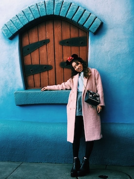 「EVRIS（エヴリス）のツイードロングチェスターコート（チェスターコート、ピンク系）」を使った、Yui Matsumotoさん（レディース・159cm）の冬コーディネート