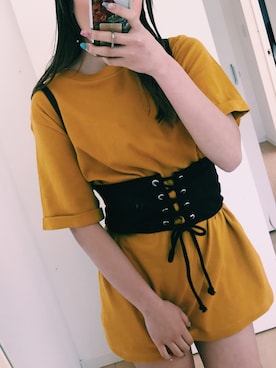 「EVRIS（エヴリス）のルーズオーバーTシャツ（Tシャツ/カットソー、イエロー系）」を使った、Yui Matsumotoさん（レディース・159cm）の夏コーディネート