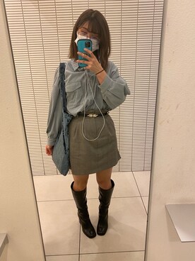 「REDYAZEL（レディアゼル）のヒール配色ロングブーツ（ブーツ、ブラック系）」を使った、マカロニさん（レディース・160cm）の秋コーディネート