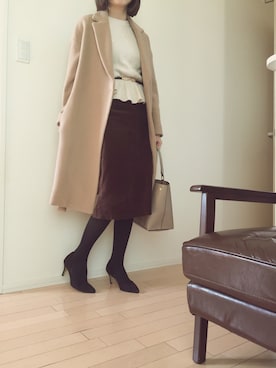 「ぺプラムトップス」｜「アイテム（チェスターコート）」を使った、asahiさん（レディース・160cm）の冬コーディネート