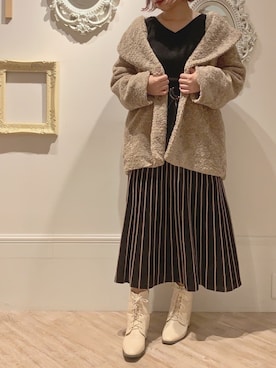 「natural couture（ナチュラルクチュール）の配色ニットプリーツワンピース（ワンピース）」を使った、ヤマグチさん（レディース・157cm）の秋コーディネート