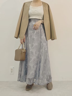 「サックスブルー」｜「アイテム（ノーカラージャケット）」を使った、ヤマグチさん（レディース・157cm）の秋コーディネート