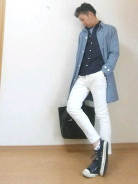 「アイテム（ステンカラーコート）」を使った、たかボンドiさん（メンズ・182cm・30代）の春コーディネート