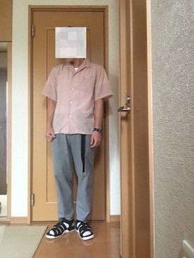 「417 EDIFICE（フォーワンセブンエディフィス）の◇ポリエステルダイ オープンカラーシャツ（シャツ/ブラウス、ピンク系）」を使った、ma$aさん（メンズ・175cm）の夏コーディネート