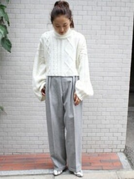 「EDIT. FOR LULU（エディットフォールル）の【ELIN】 ケーブルタートルニット◆（Knitwear、ホワイト系）」を使った、RISAさん（レディース・161cm）の秋コーディネート