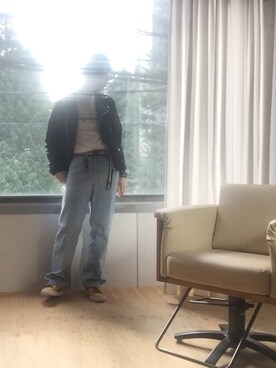 「PUMA」｜「アイテム（ライダースジャケット）」を使った、コハラ ヨシユキさん（メンズ・180cm）の冬コーディネート