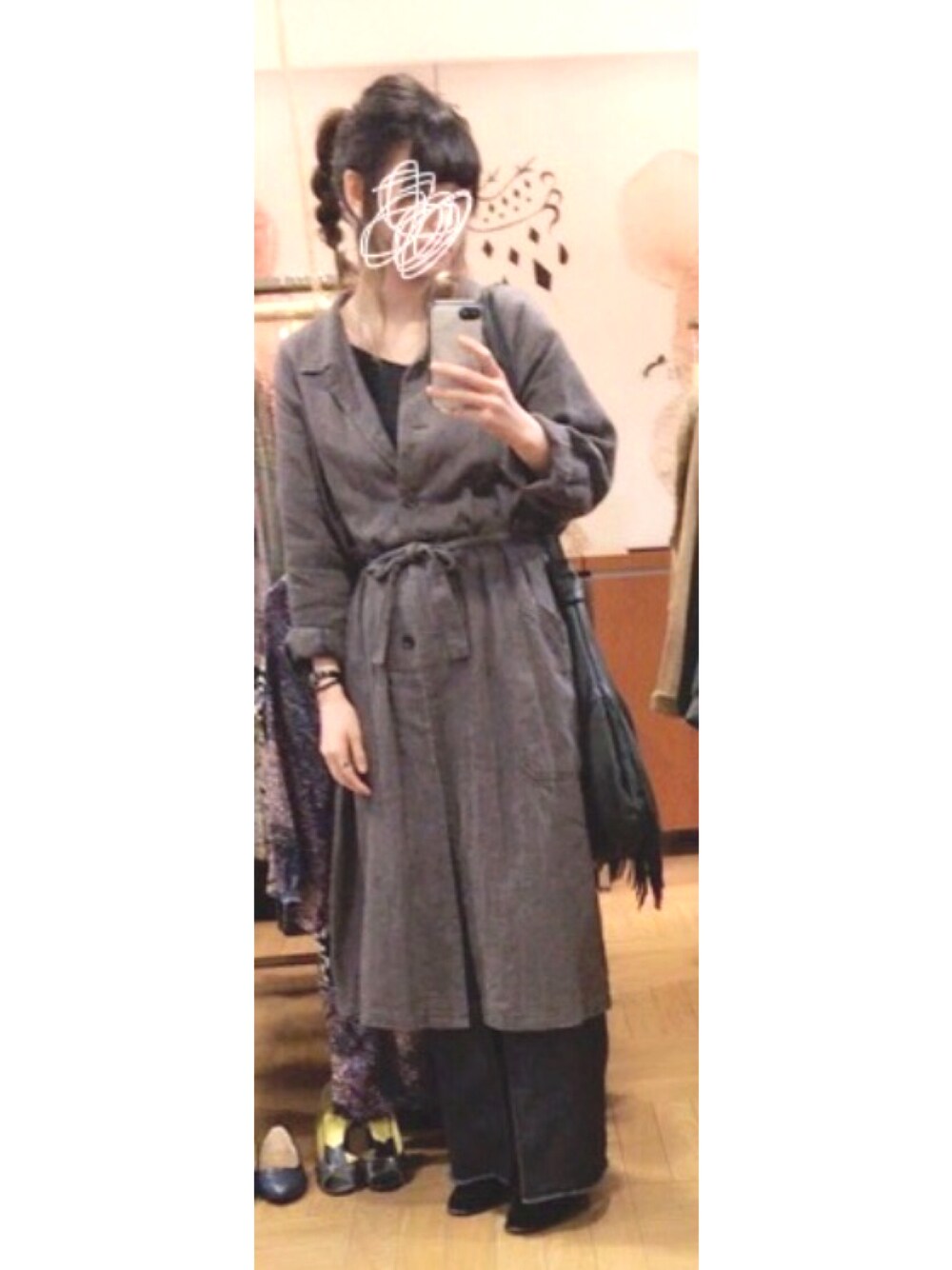 「秋コーデ、ロングワンピース、ウエストマーク、デニム、古着、GU、古着好きな人と繋がりたい」｜「古着のアイテム（その他アウター、グレー系）」を使った、sugaさん（レディース・163cm）の秋コーディネートの1枚目の写真
