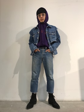 「JOHN LAWRENCE SULLIVAN（ジョンローレンスサリバン）のアイテム（デニムジャケット）」を使った、一政さん（メンズ・170cm）の冬コーディネート