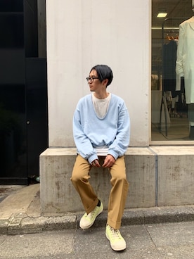「DRESSEDUNDRESSED（ドレスドアンドレスド）のアイテム（スウェット）」を使った、一政さん（メンズ・170cm）の春コーディネート