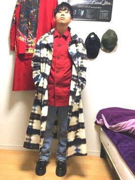 「SHINYAKOZUKA（シンヤコヅカ）のアイテム（ステンカラーコート）」を使った、Iyusさん（メンズ・165cm）の冬コーディネート