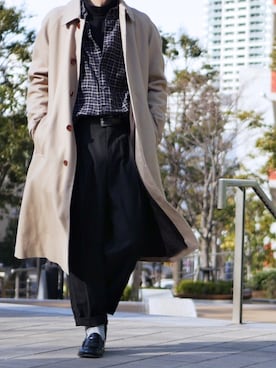「ネルシャツ」｜「アイテム（ステンカラーコート）」を使った、syo16さん（メンズ・167cm）の冬コーディネート