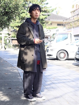 「TrAnsference - T/f （トランスファレンス）のアイテム（ステンカラーコート）」を使った、syo16さん（メンズ・167cm）の秋コーディネート