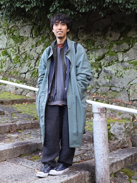 「TrAnsference - T/f （トランスファレンス）のアイテム（ステンカラーコート）」を使った、syo16さん（メンズ・167cm）の冬コーディネート