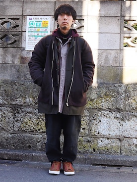 「アイテム（ステンカラーコート）」を使った、syo16さん（メンズ・167cm）の冬コーディネート