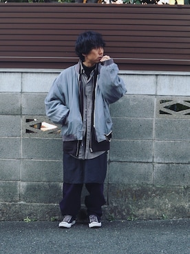 「TrAnsference - T/f （トランスファレンス）のアイテム（ステンカラーコート）」を使った、syo16さん（メンズ・167cm）の春コーディネート