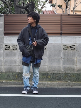 「TrAnsference - T/f （トランスファレンス）のアイテム（ステンカラーコート）」を使った、syo16さん（メンズ・167cm）の春コーディネート