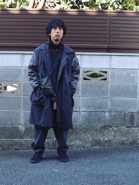 「TrAnsference - T/f （トランスファレンス）のアイテム（ステンカラーコート）」を使った、syo16さん（メンズ・167cm）の春コーディネート