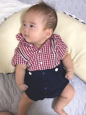 「アイテム（ロンパース、レッド系）」を使った、kana.r.n.kさん（キッズ・60cm）の秋コーディネート