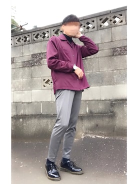 「LIDNM（リドム）のダブルサテンオープンカラーシャツ（シャツ/ブラウス、パープル系）」を使った、いおんさん（メンズ・166cm）の秋コーディネート
