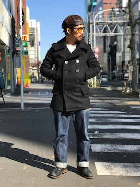 「USA」｜「アイテム（ピーコート）」を使った、HAYATOさん（メンズ・170cm）の冬コーディネート