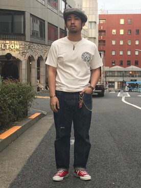 「schott（ショット）のSchott/ショット/13oz. JEANS MEDIUM FIT/13オンス　ジーンス　ミディアム　フィット（デニムパンツ）」を使った、HAYATOさん（メンズ・170cm）の春コーディネート