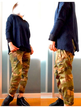「迷彩パンツ」｜「アイテム（ニット/セーター）」を使った、otrcmさん（レディース・152cm）の春コーディネート