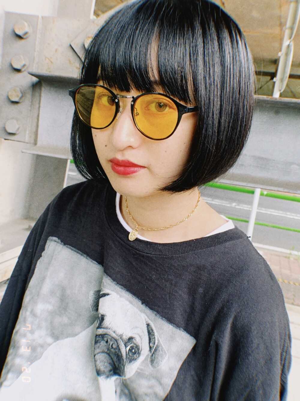 「夏コーデ、おしゃれさんと繋がりたい、オトナカジュアル、古着、古着ミックス、古着コーデ、おしゃれ、サングラス、カラーサングラス、韓国ファッション」｜「韓国ファッション #Kのアイテム（メガネ、イエロー系）」を使った、manekikkoさん（レディース・161cm）の夏コーディネートの1枚目の写真