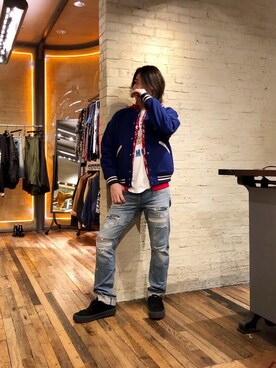 「アイテム（スタジャン）」を使った、吉川修平さん（メンズ・175cm）の冬コーディネート