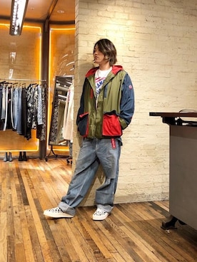 「コラボレーション」｜「アイテム（サロペット/オーバーオール）」を使った、吉川修平さん（メンズ・175cm）の春コーディネート